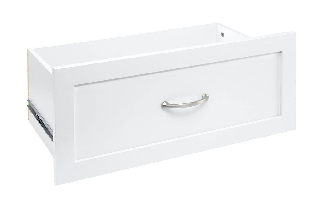 Shaker-style wood drawer, white finish, with silver metal pull handle