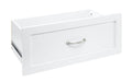 Shaker-style wood drawer, white finish, with silver metal pull handle
