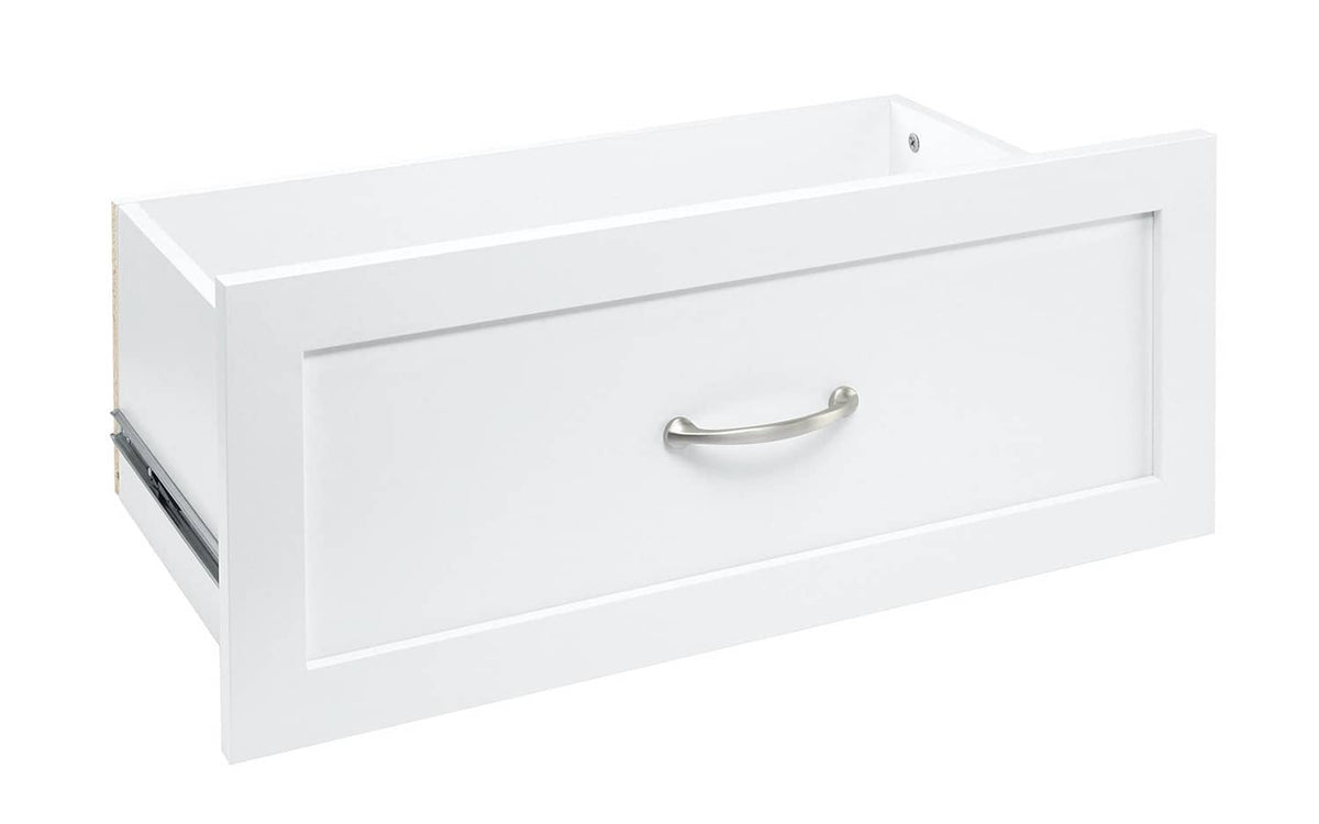 Shaker-style wood drawer, white finish, with silver metal pull handle