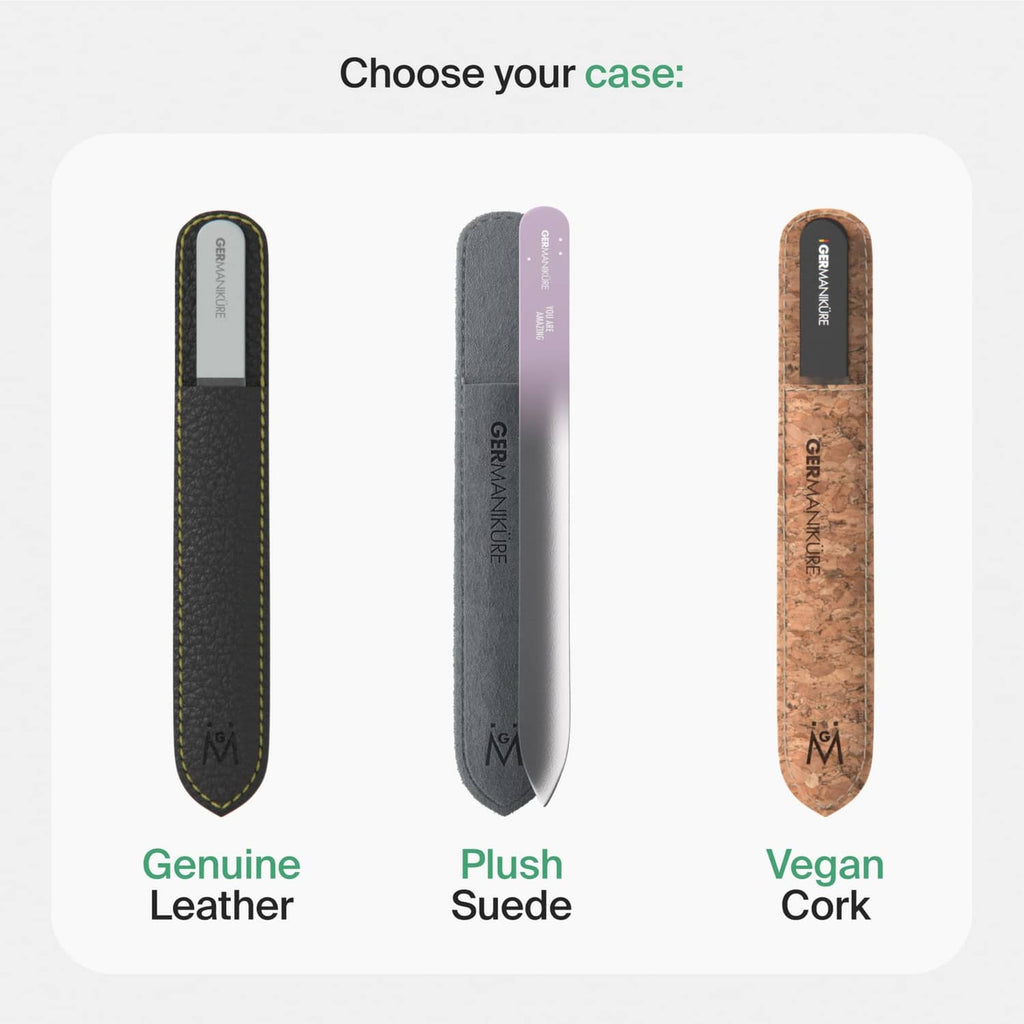 Gray glass nail file with plush suede sleeve, part of a 2-pack case set
