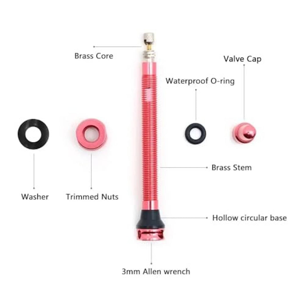 Tubeless Presta valve parts: red stem, brass core, washers, o-ring, valve cap