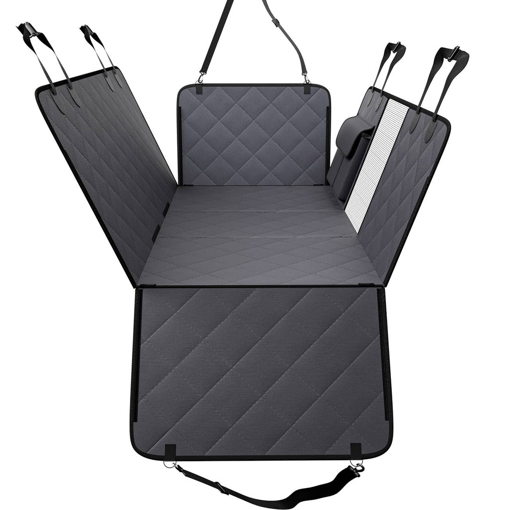 Dog car seat cover, dark gray quilted panels with side flaps and hanging straps