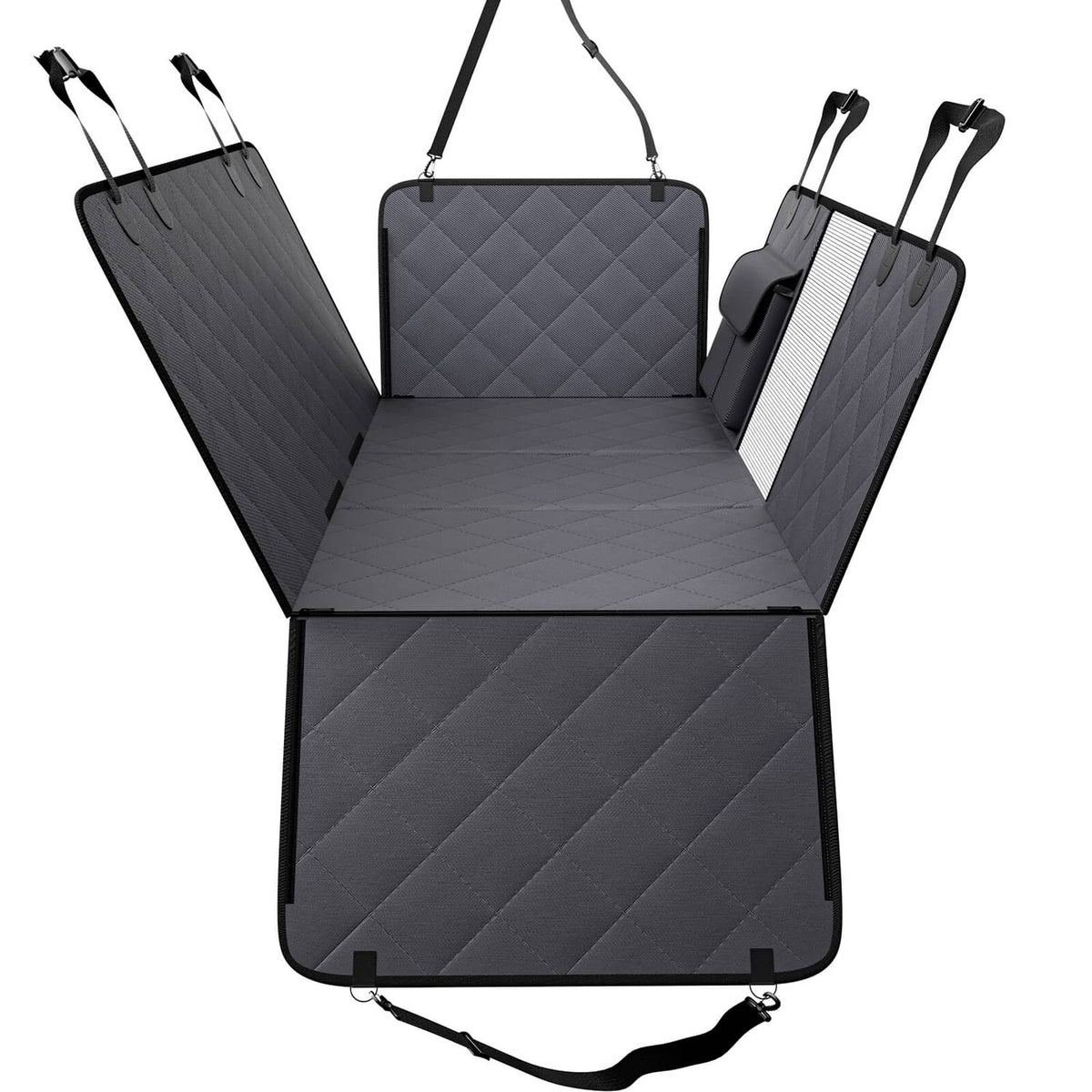 Dog car seat cover, dark gray quilted panels with side flaps and hanging straps