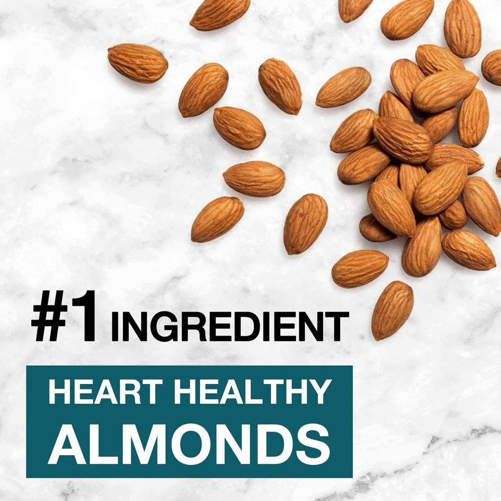 Almonds scattered with heart-healthy almonds label