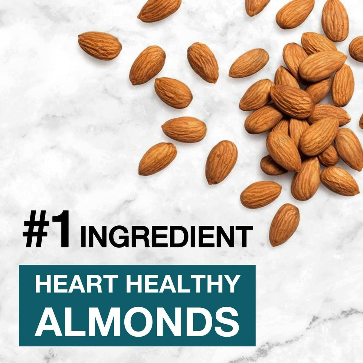 Almonds scattered with heart-healthy almonds label
