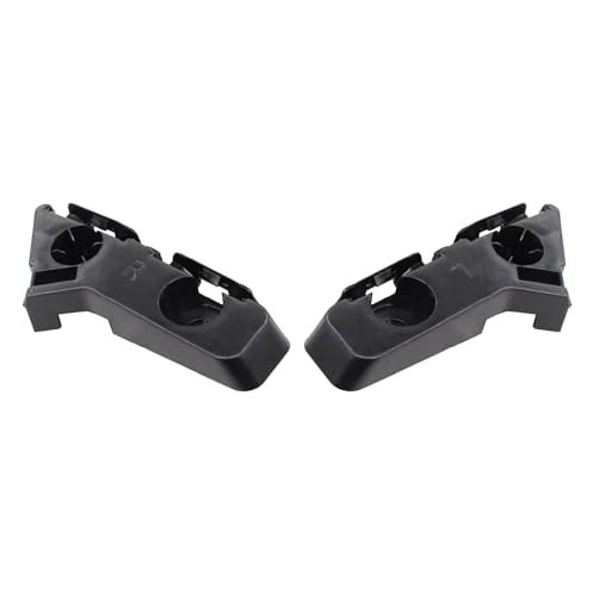 Front bumper bracket mounts, dark gray plastic, angled view showing circular and slot cutouts
