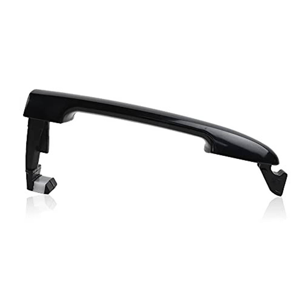 Black exterior door handle with curved top pull and visible mounting posts.