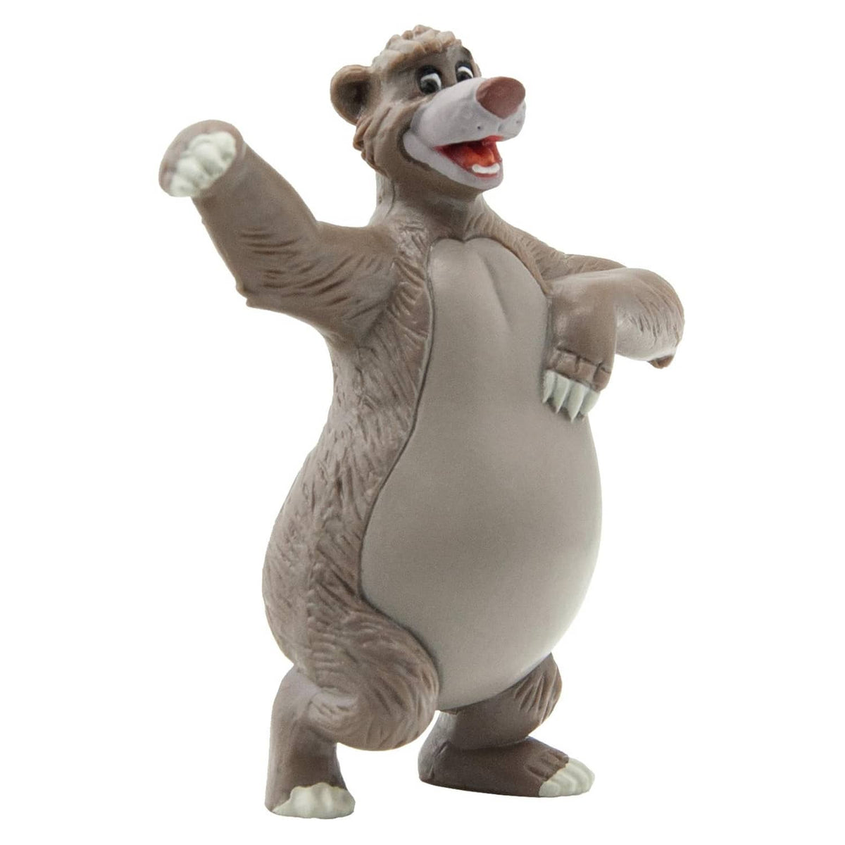 Painted bear toy figure, grey fur with white belly, one arm raised and smiling