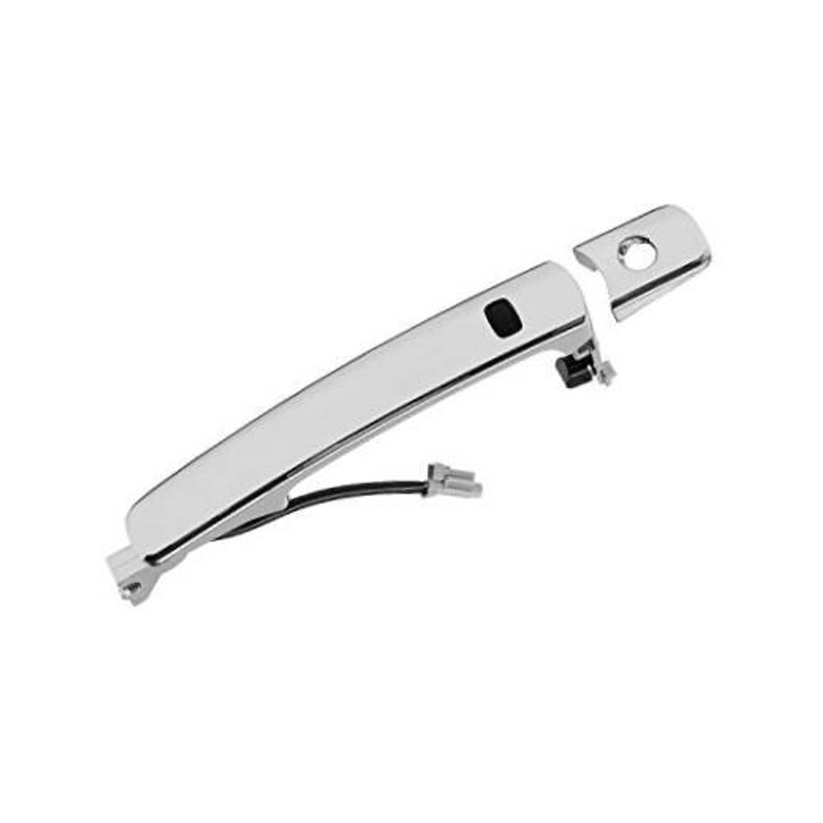 Chrome exterior door handle with black keyless switch and metal mounting bracket