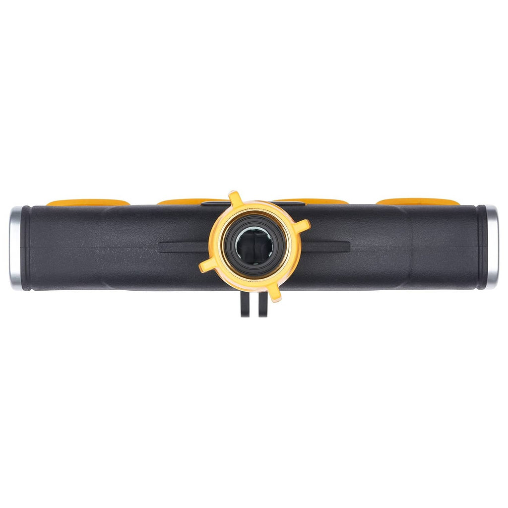 4-way valve outlet end connector on black housing with yellow retaining ring