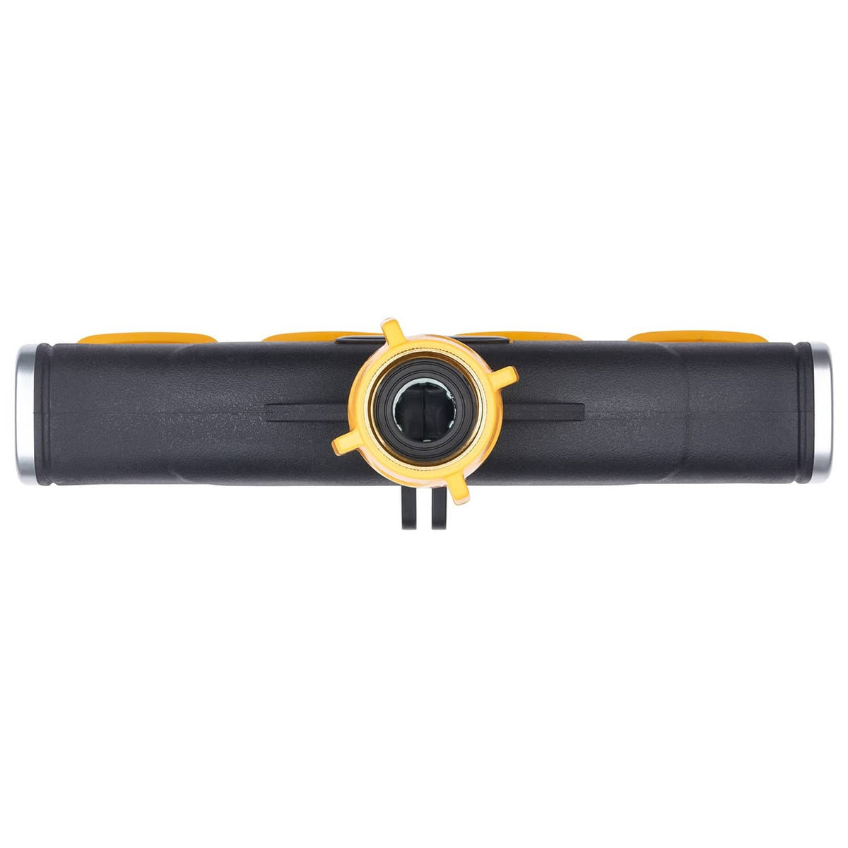4-way valve outlet end connector on black housing with yellow retaining ring