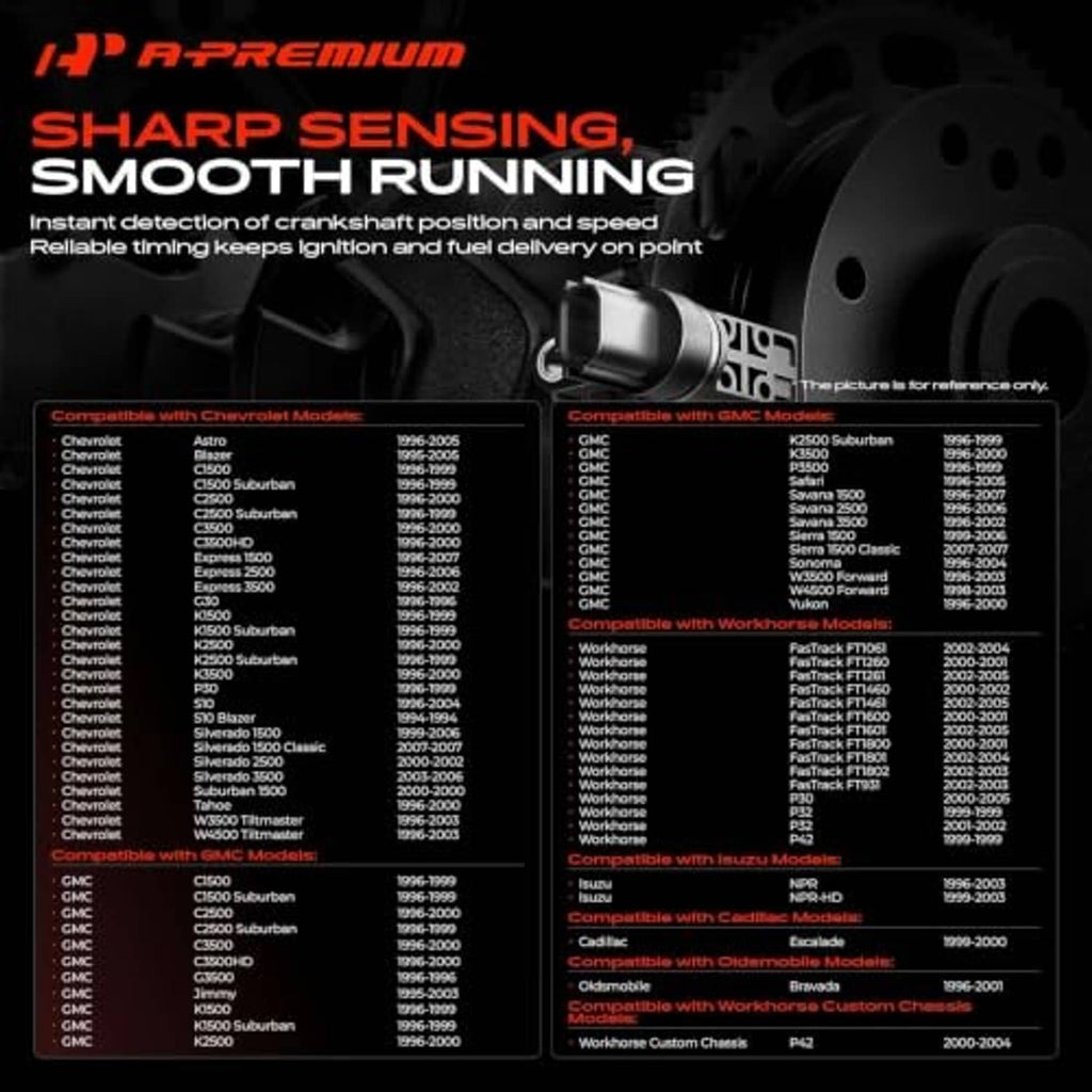 Crankshaft position sensor product graphic with compatible engine parts diagram