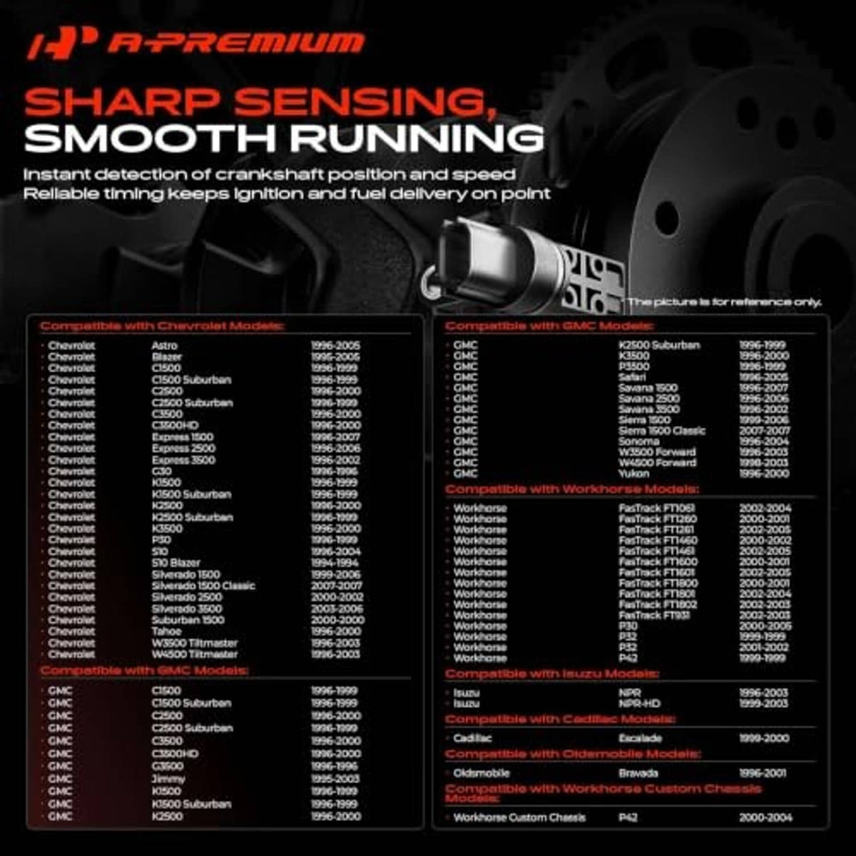 Crankshaft position sensor product graphic with compatible engine parts diagram