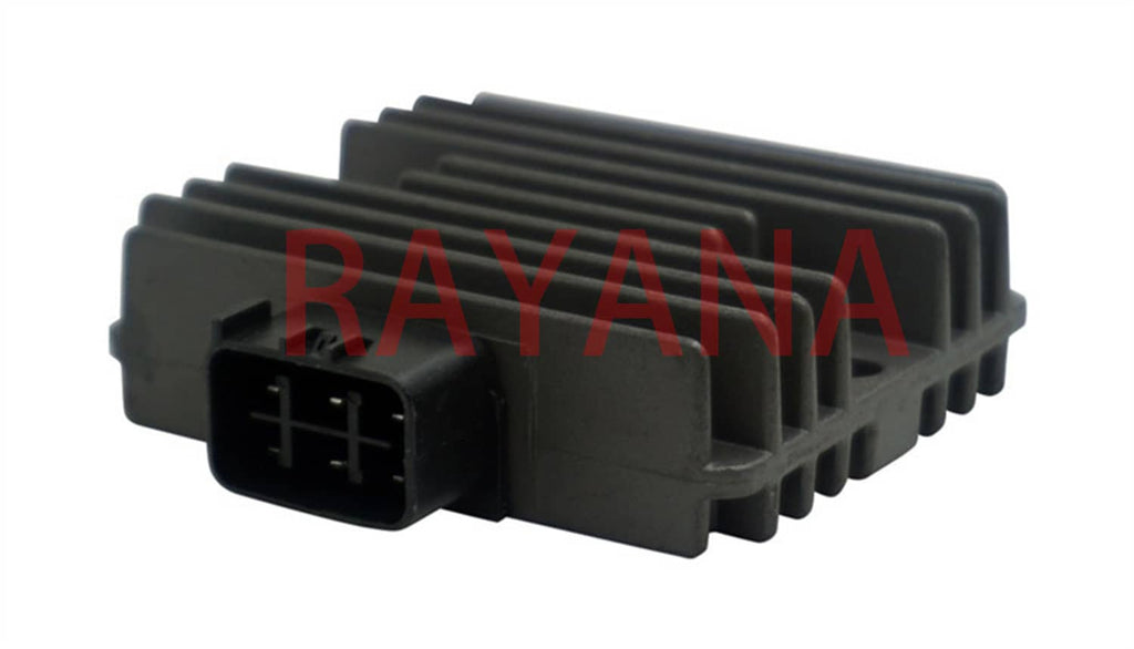 Black regulator rectifier module with front multi-pin electrical connector