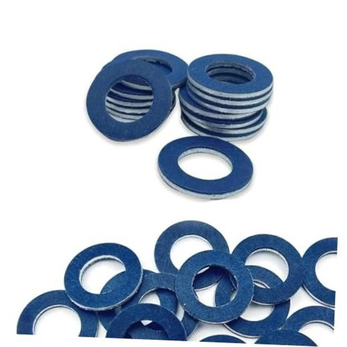 Oil drain plug gasket washers, blue crush-ring style with metal center holes