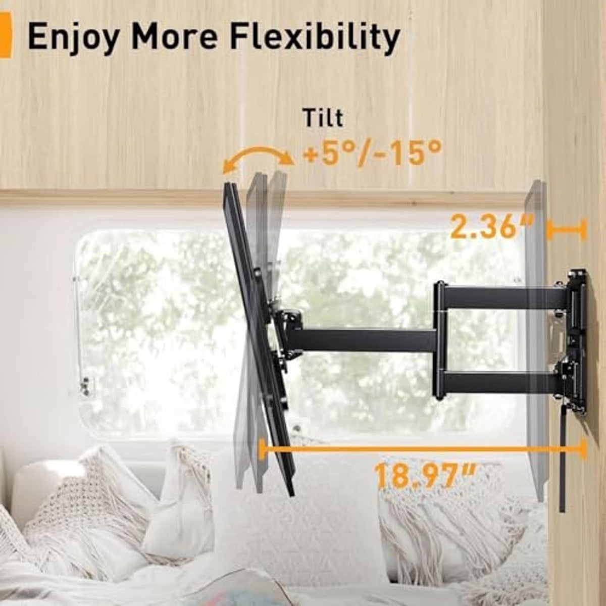 Black TV wall mount with tilting arm, flat bracket, and extension bar