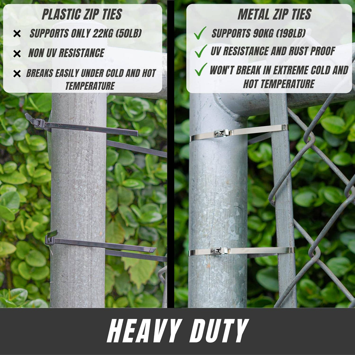 Metal zip tie securing a metal pipe to a post for heavy-duty outdoor fastening