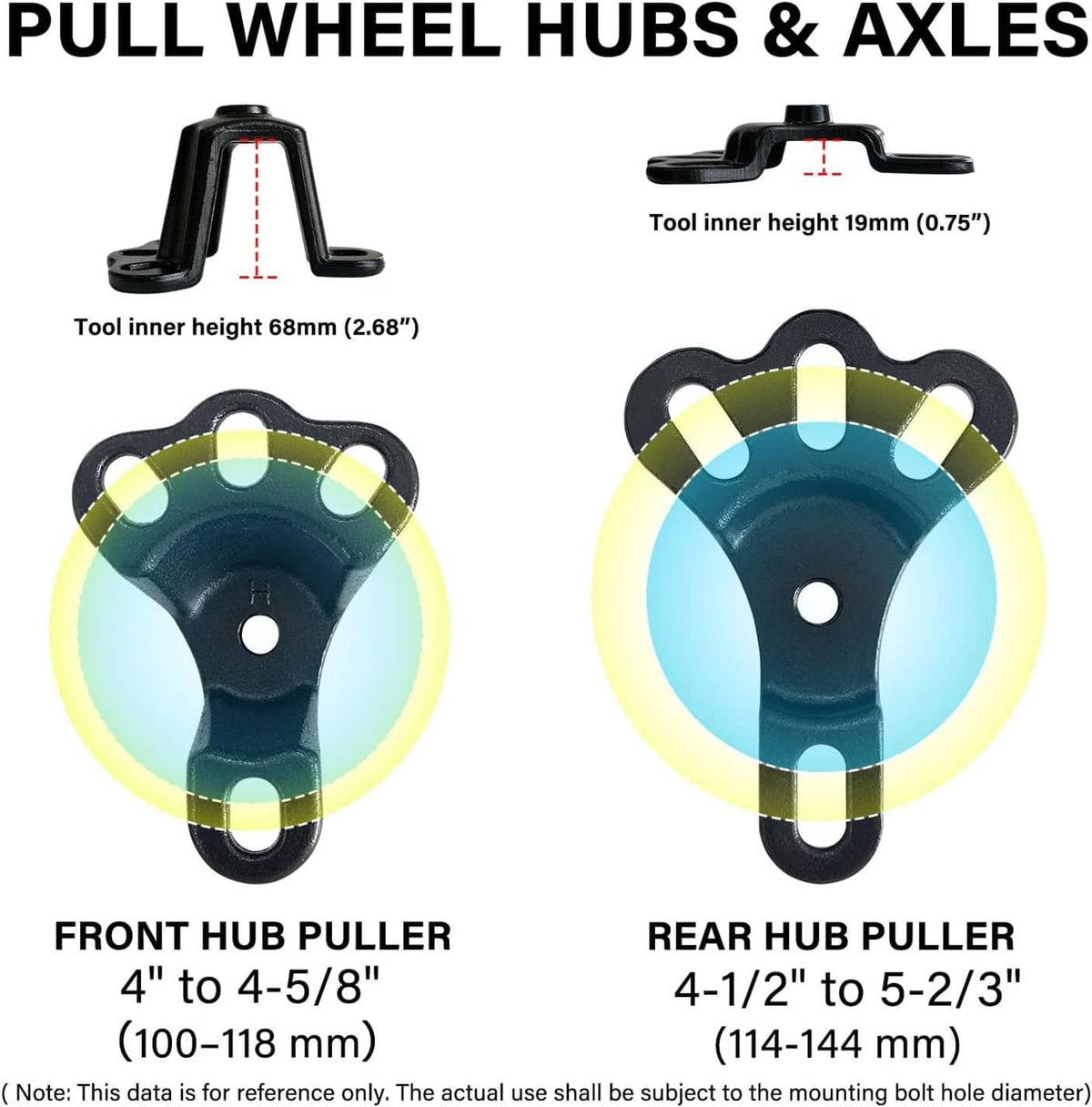 Universal front and rear hub puller tools with fork clamp and threaded center