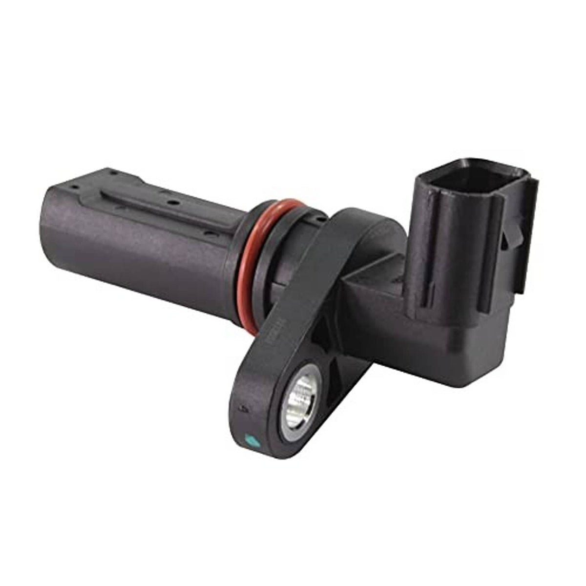 Crankshaft position sensor with black housing, orange seal ring, and mounting tab