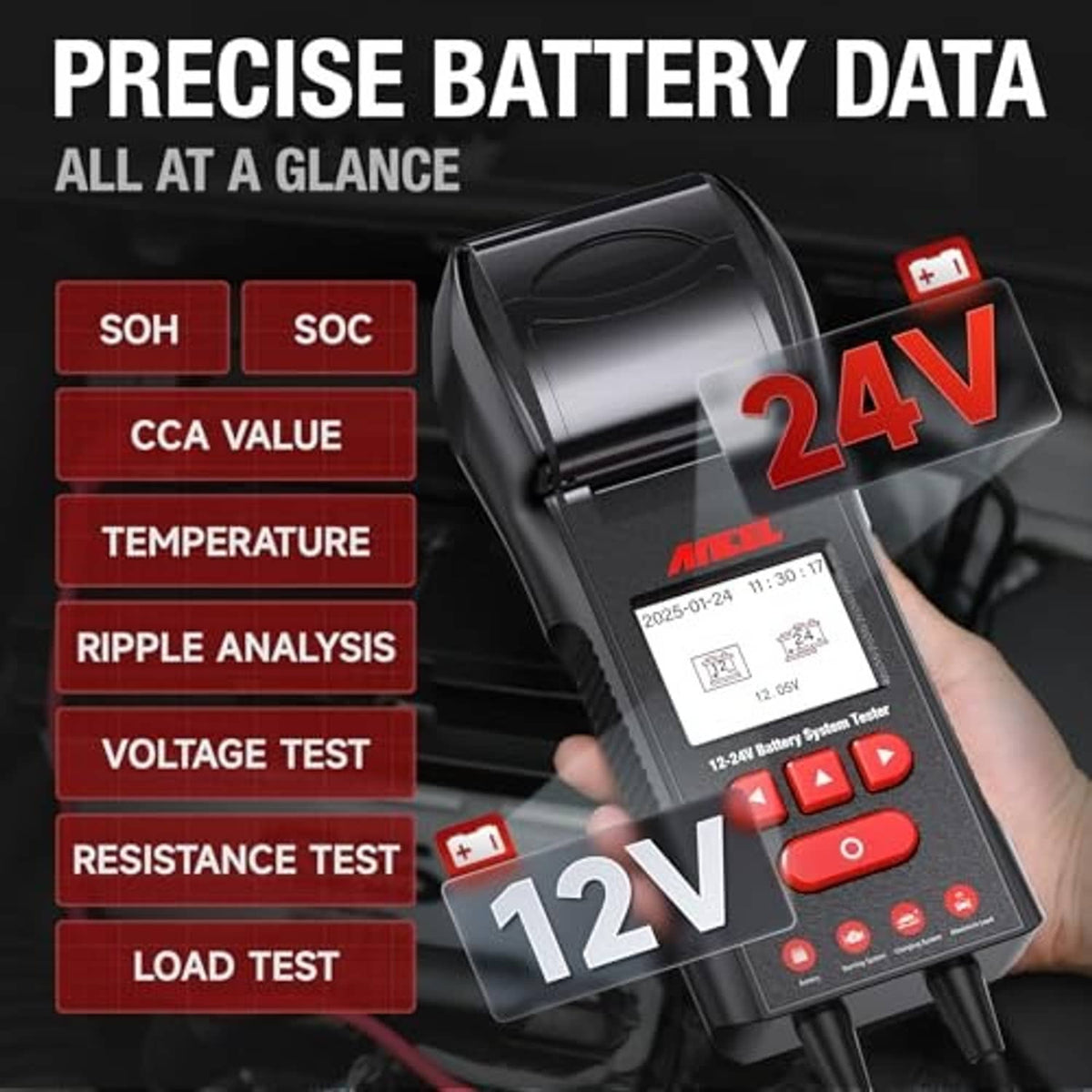Handheld battery tester showing 12V/24V and red function test buttons