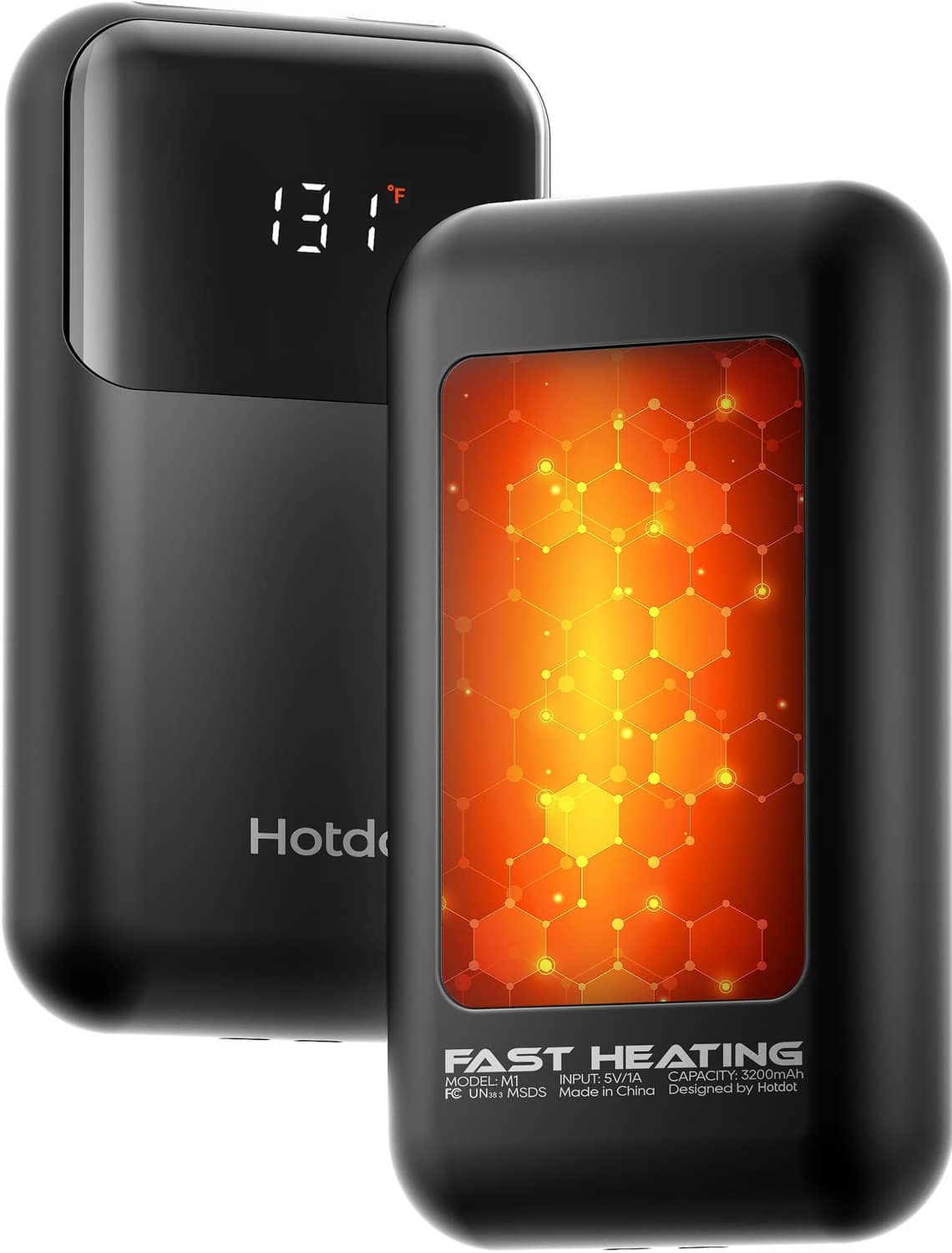 Black portable electric hand warmer pair with LED temperature display and heating surface.