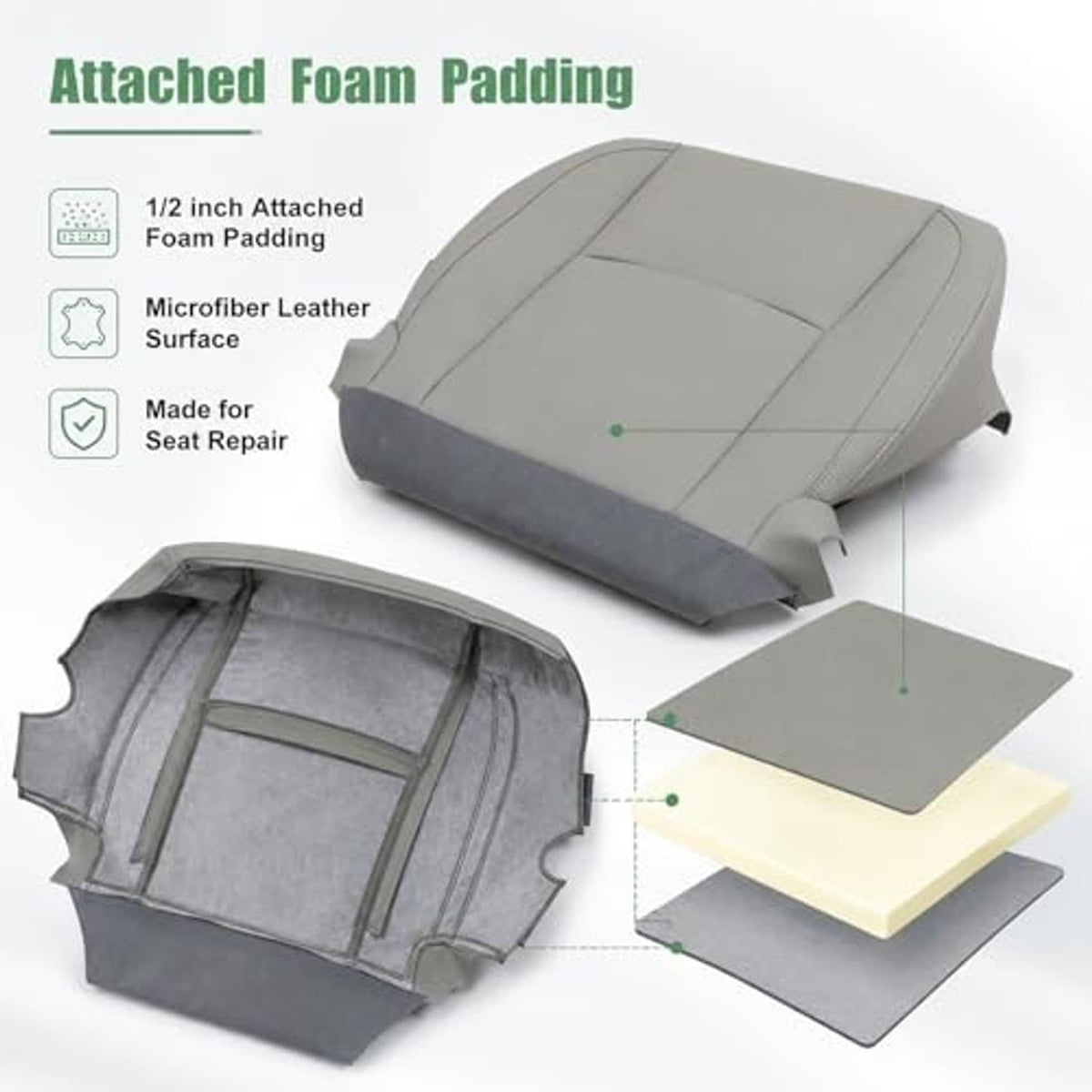 Gray seat bottom replacement cover with attached foam padding pieces
