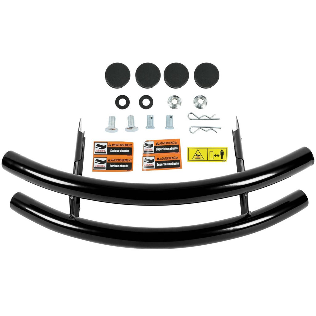 Lawn tractor front bumper guard kit with two black curved bars and mounting hardware