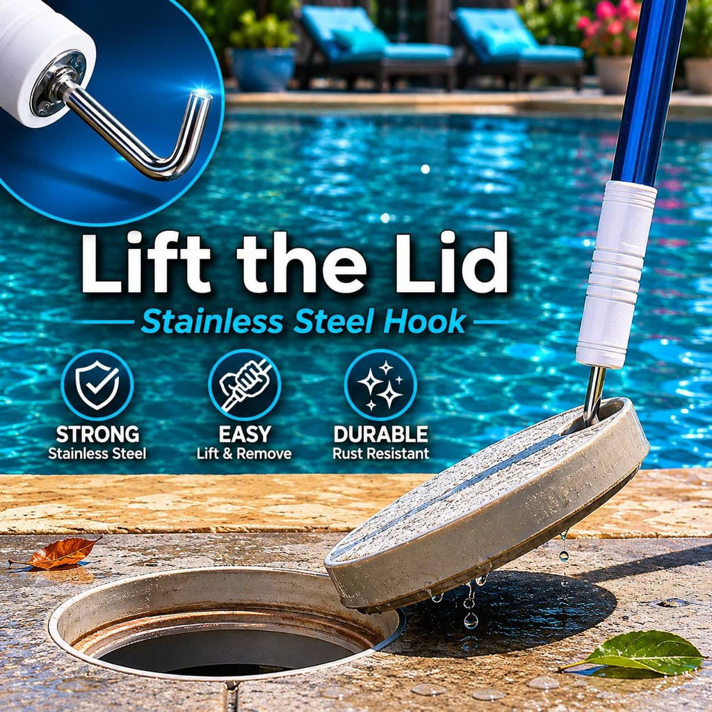 Stainless steel hook pool skimmer lifting lid from the pool edge.