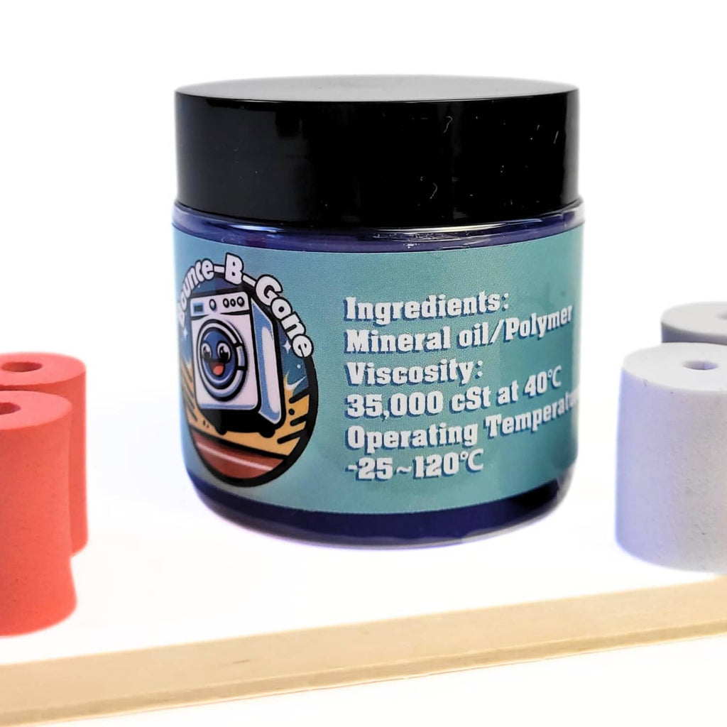 Washing machine suspension damping grease jar, black lid, blue-green label text