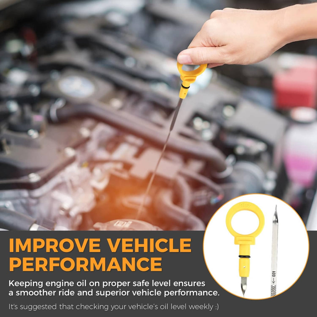 Engine oil dipstick held above engine bay, yellow handle with metal measuring rod
