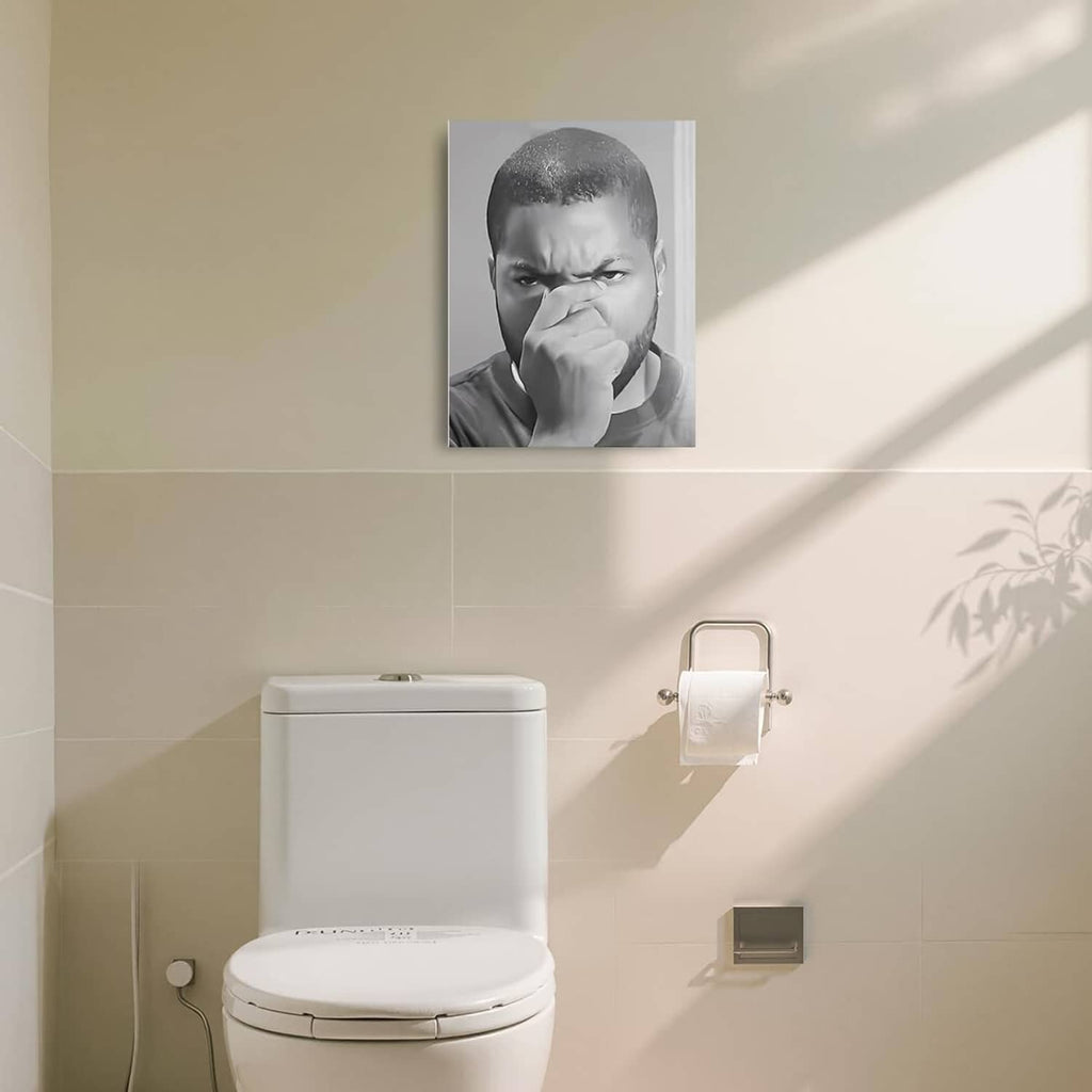 Mounted grayscale canvas wall art with portrait of man covering mouth