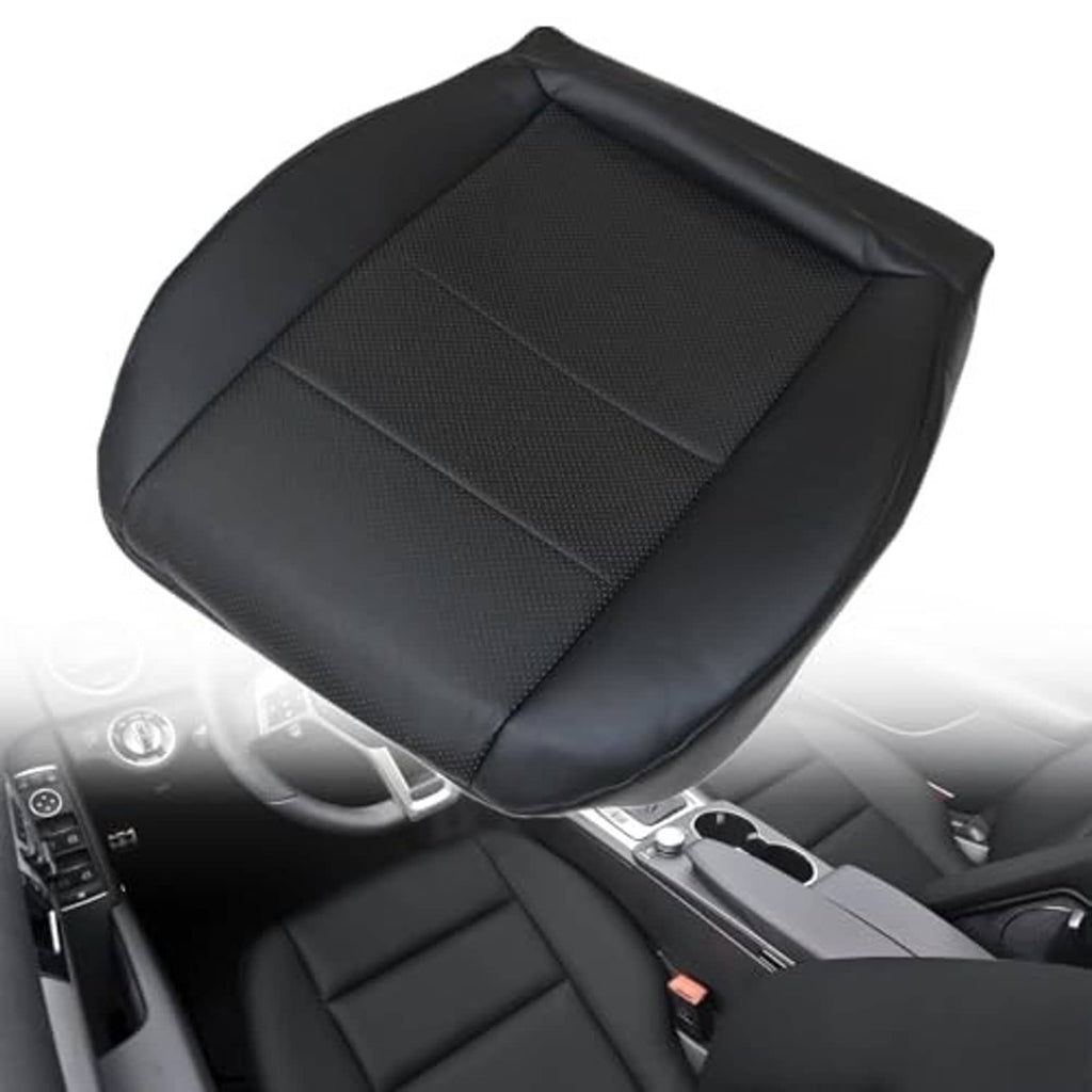 Black leather driver seat bottom cover with stitched seams and textured front center panel