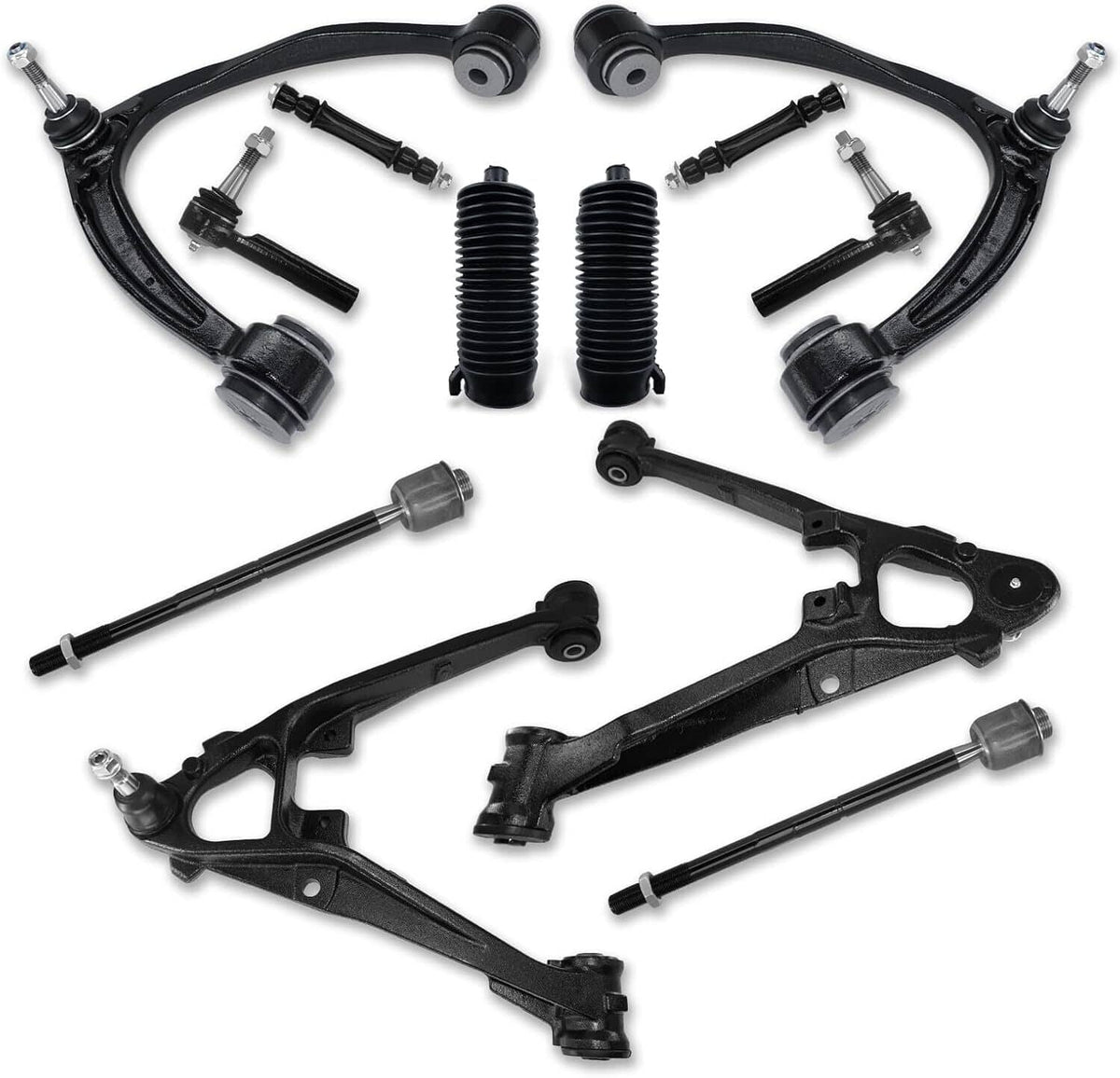Front suspension control arm kit with black control arms, ball joints, and hardware