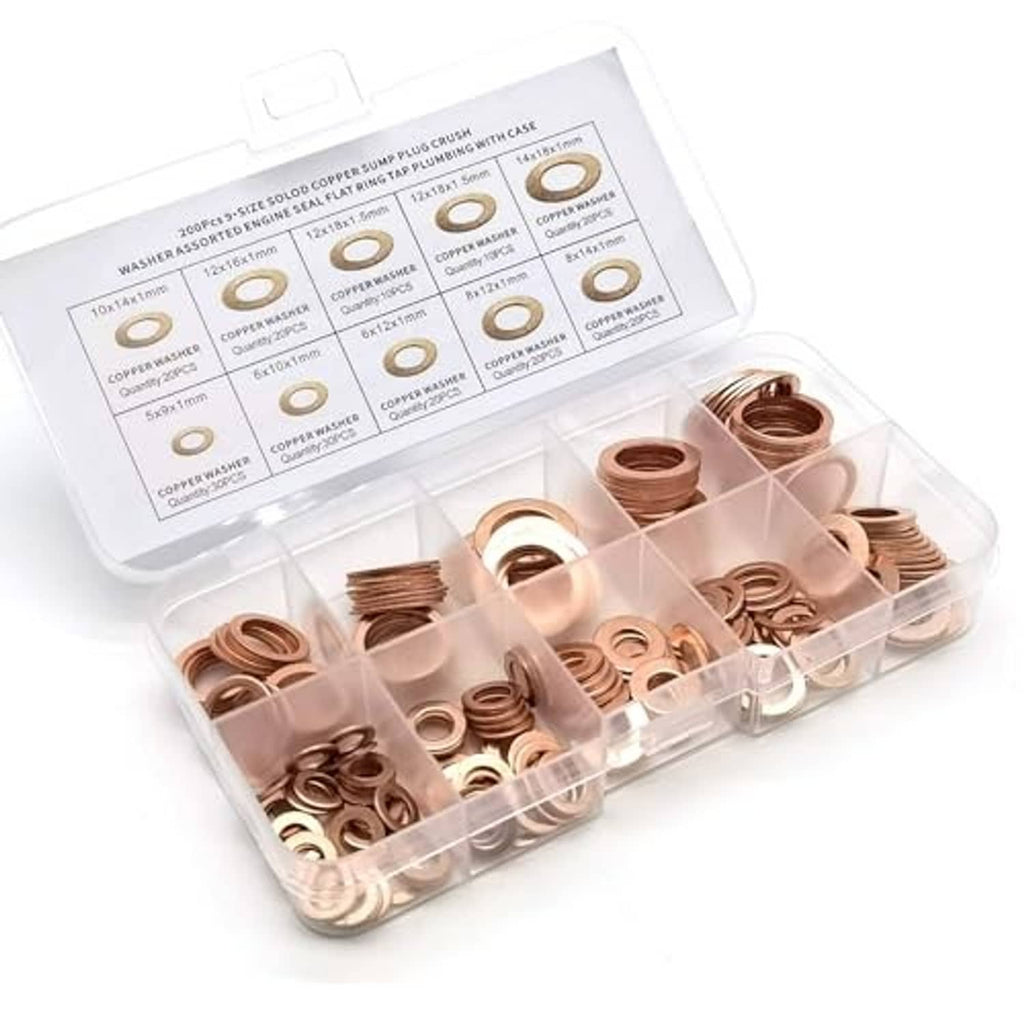 Assorted copper crush washers and flat ring gaskets in divided clear plastic organizer
