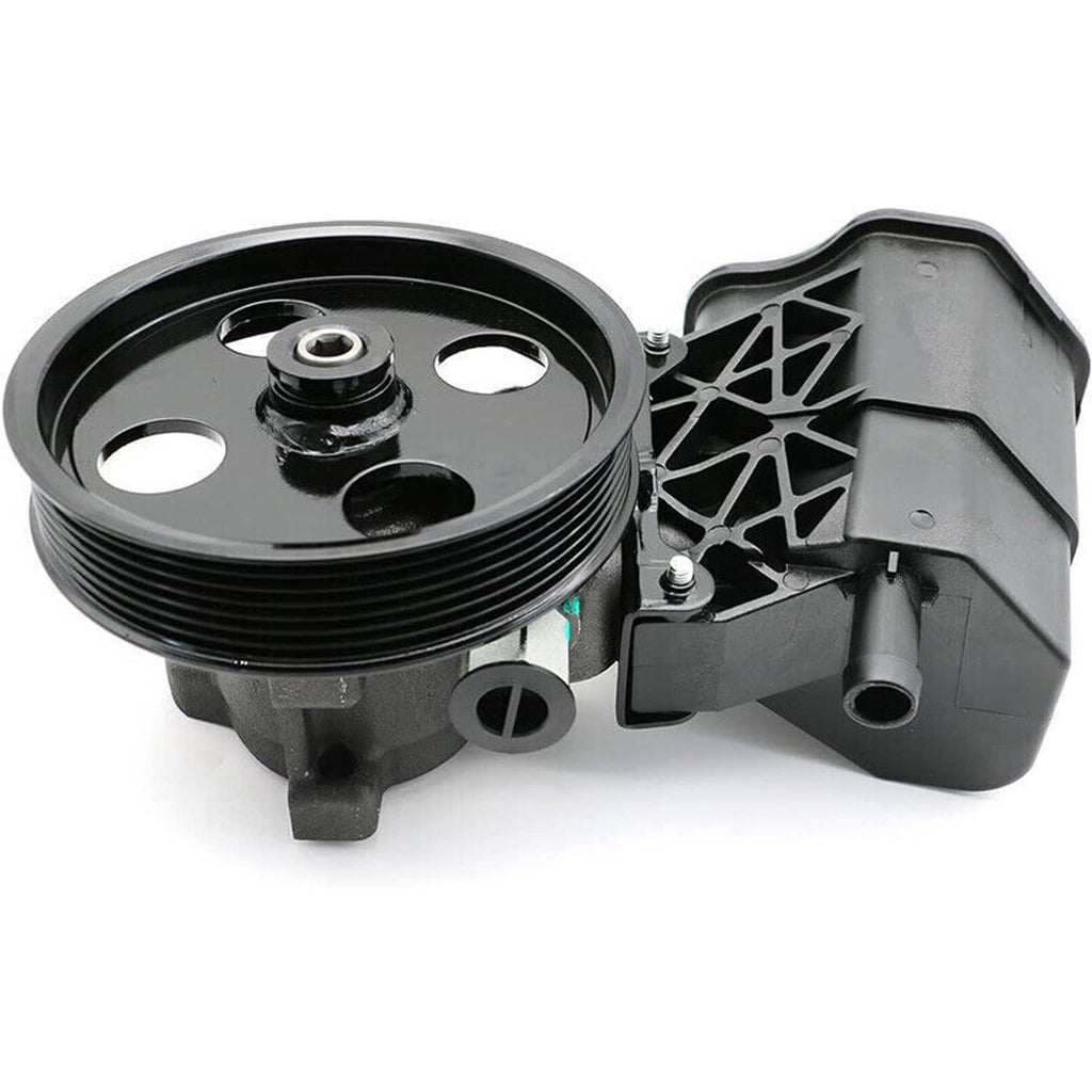 Power steering pump with reservoir and pulley, front view of black pulley with ribbed grooves