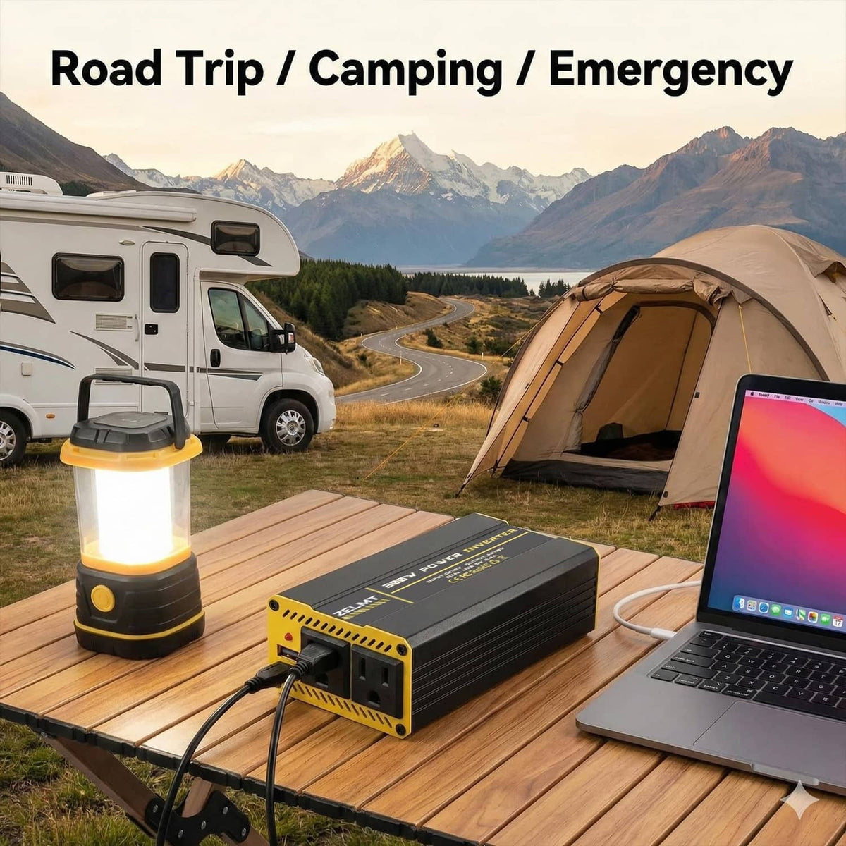 ZELMT 300W inverter on a tabletop powering devices for camping and emergency use