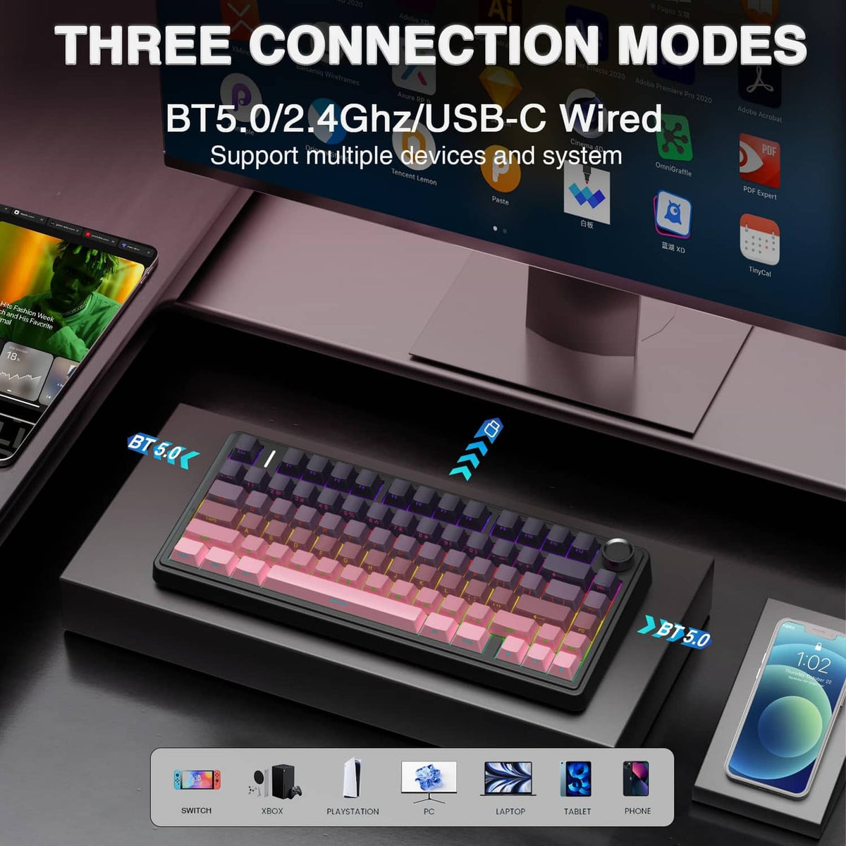 Wireless keyboard showing keycaps with pink-to-purple gradient and a round knob