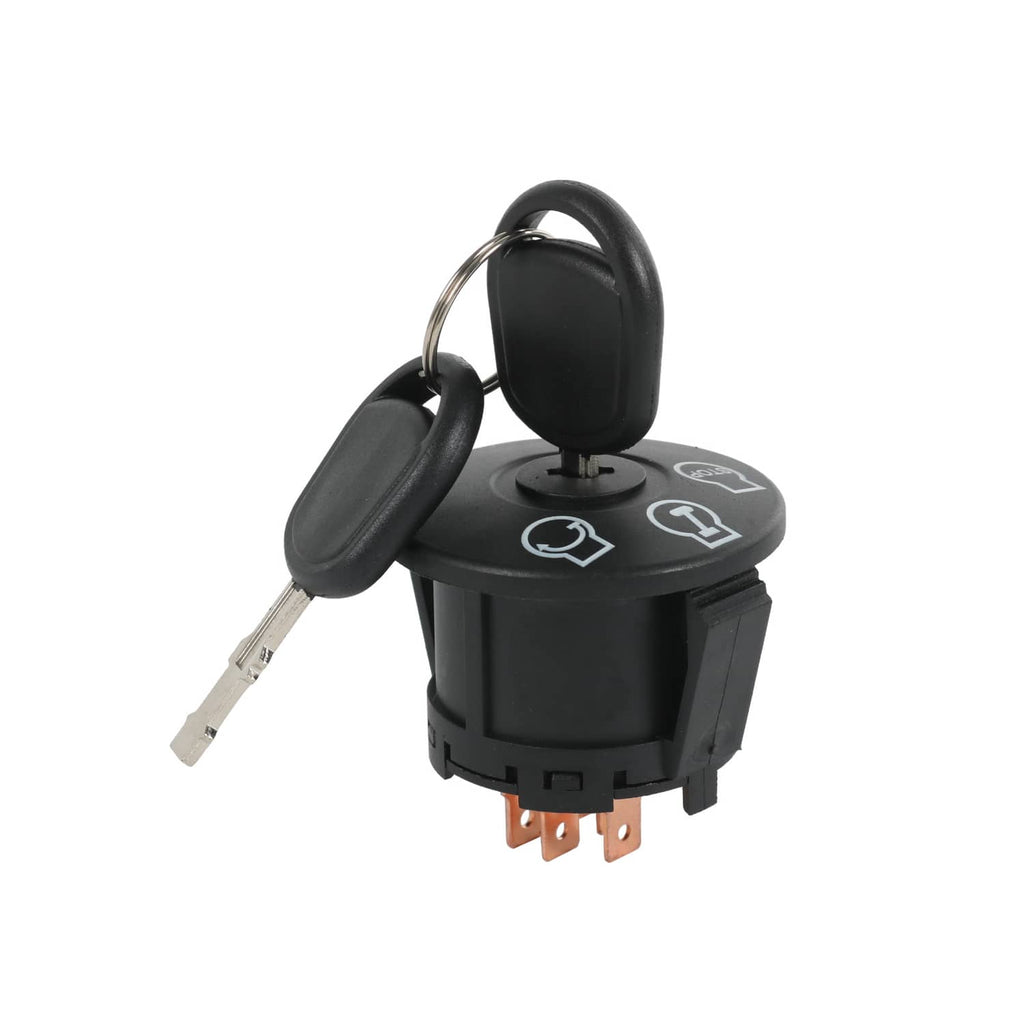 Ignition switch with two keys and key ring, black top with switch icons