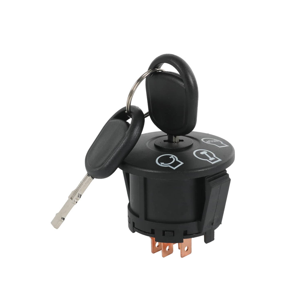 Ignition switch with two keys and key ring, black top with switch icons