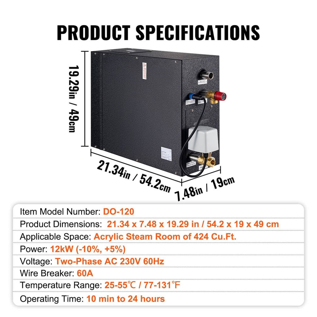Steam generator sauna unit with side fittings and product dimension outline