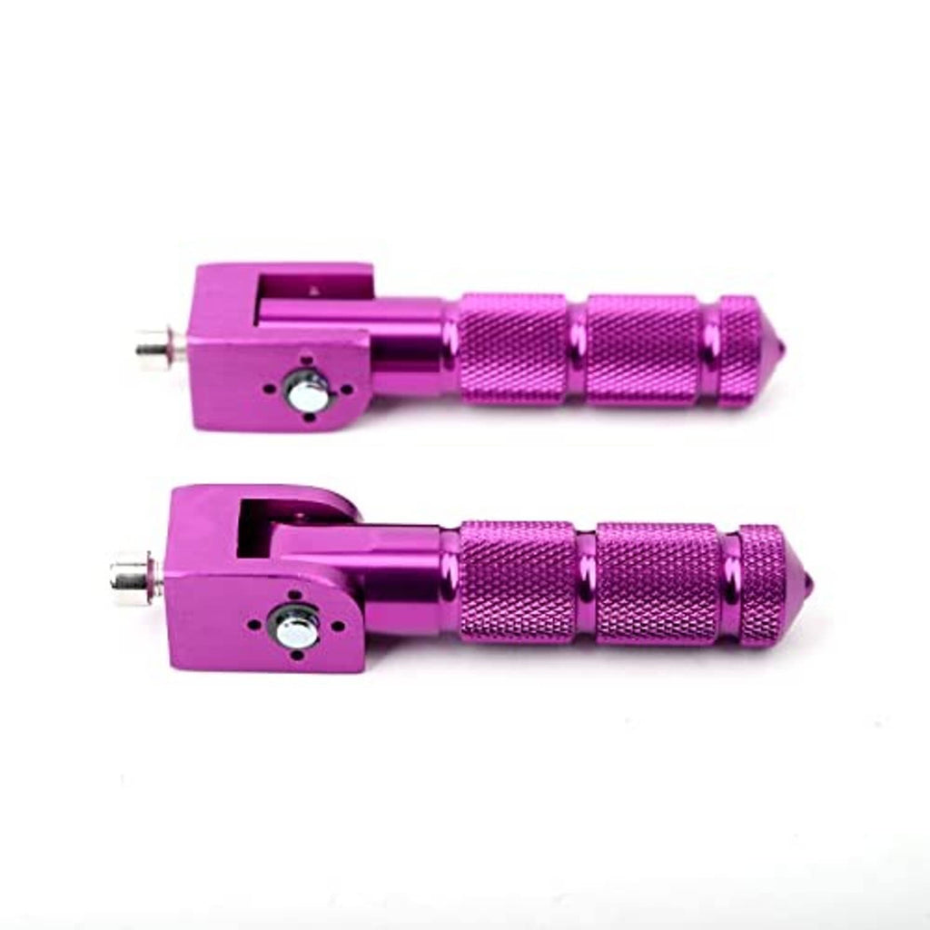 Purple CNC foldable foot pegs with textured grips and pivot brackets, pair
