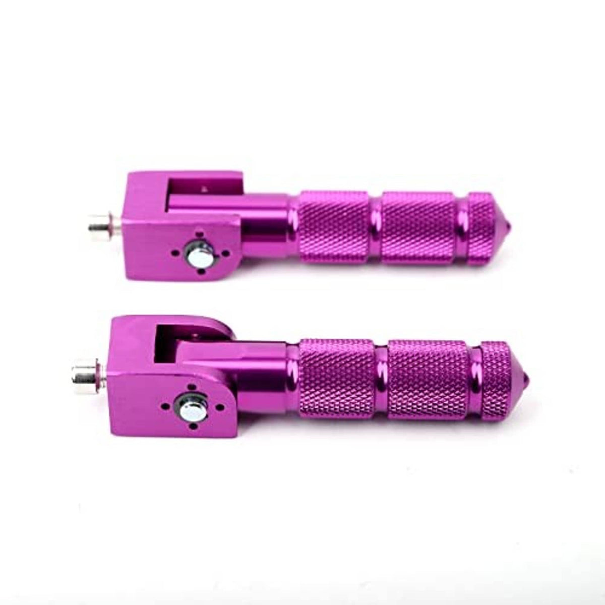 Purple CNC foldable foot pegs with textured grips and pivot brackets, pair