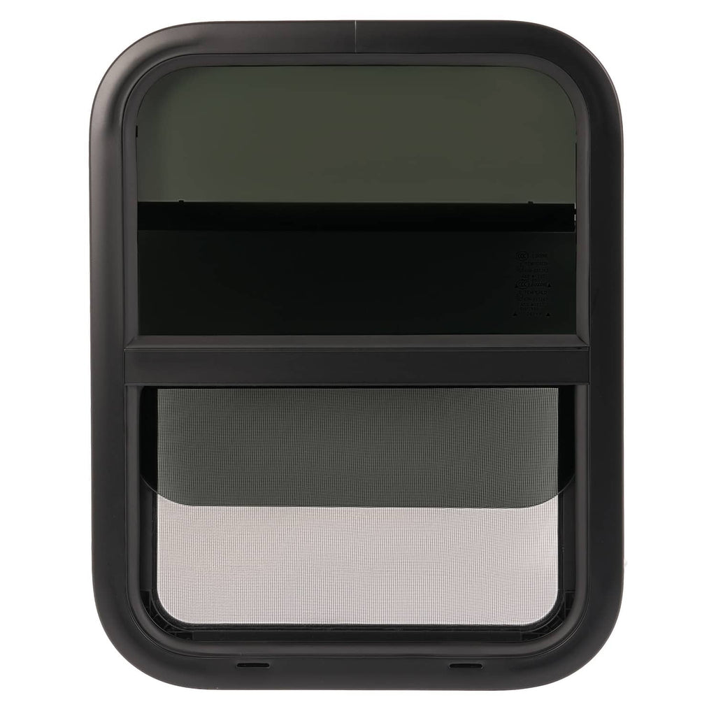 RV window with dark tinted upper panel and lighter lower screen, black frame.