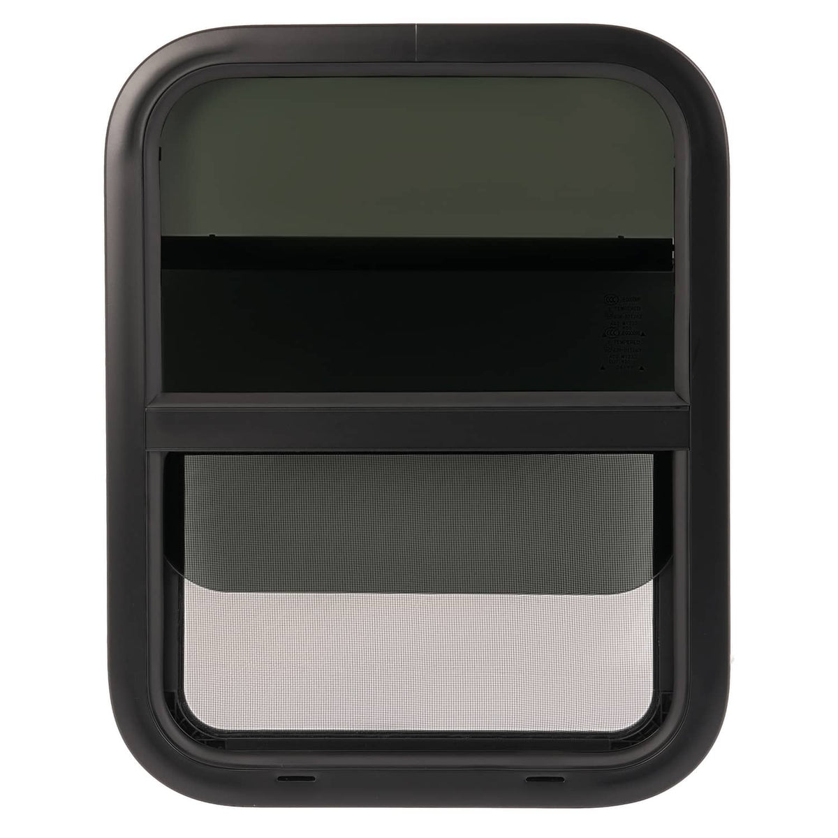 RV window with dark tinted upper panel and lighter lower screen, black frame.