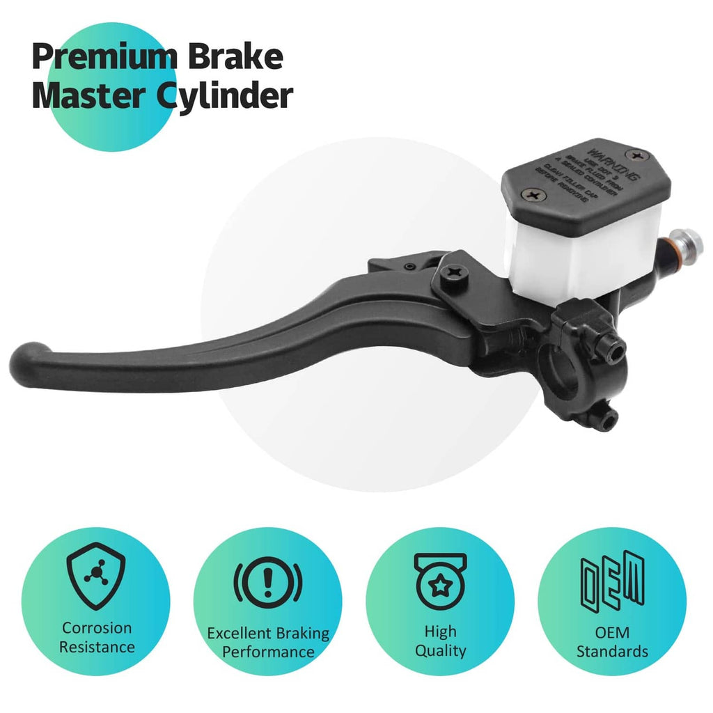 Front brake master cylinder with black handlebar lever and white brake fluid reservoir