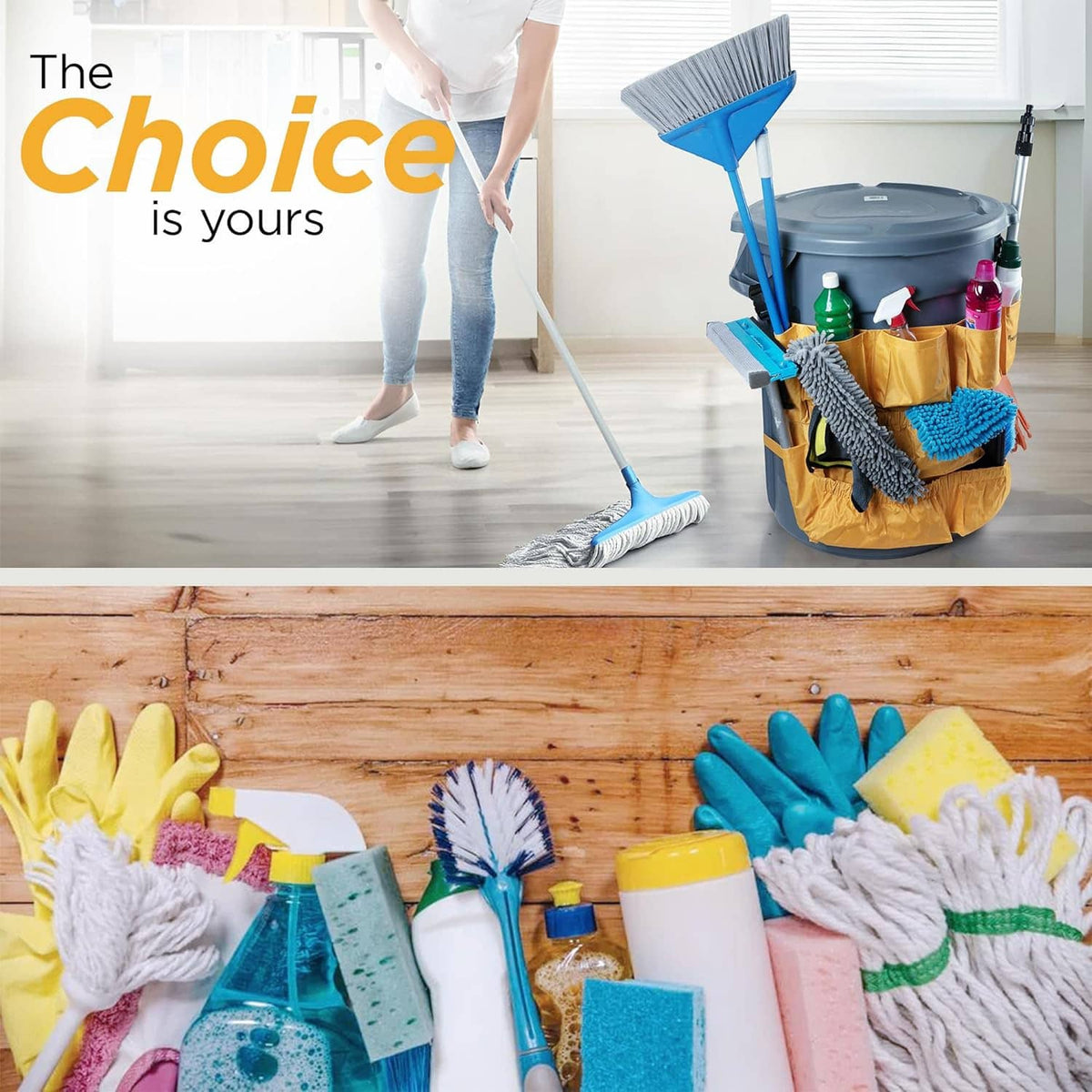 Yellow trash can caddy bag with cleaning pads, brushes, and bottles stored in pockets