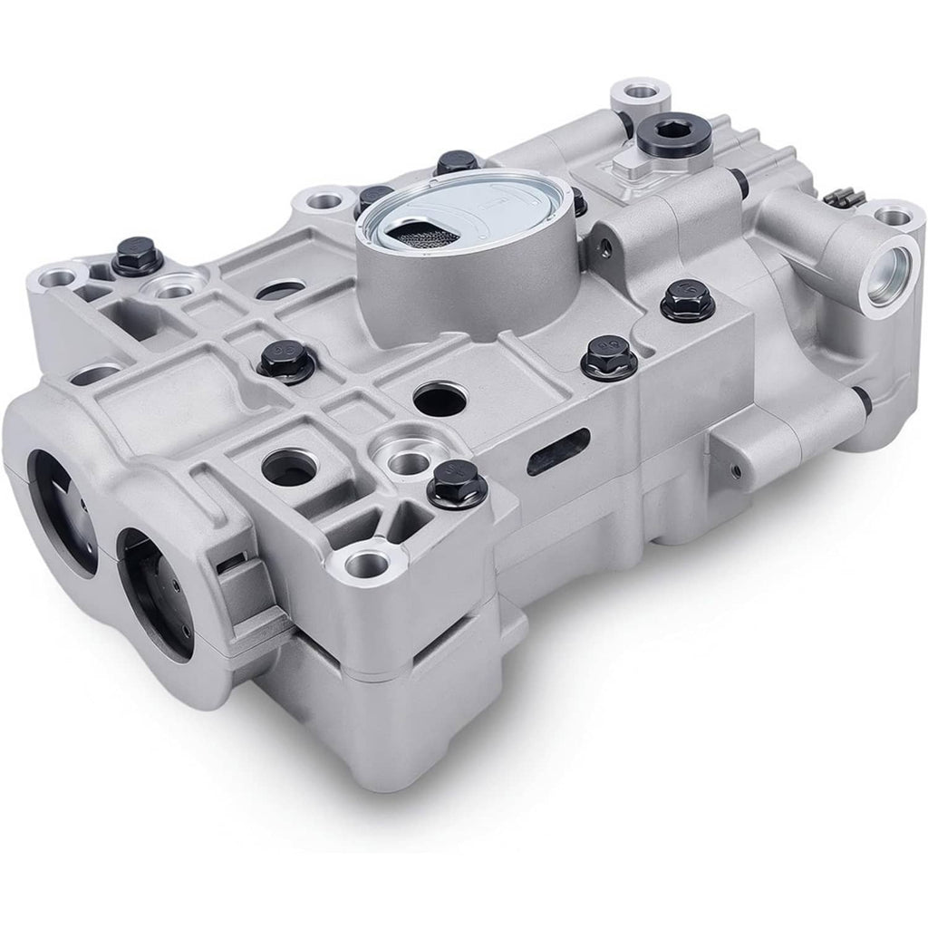 Engine oil balance shaft pump assembly, silver aluminum housing with inlet and outlet ports