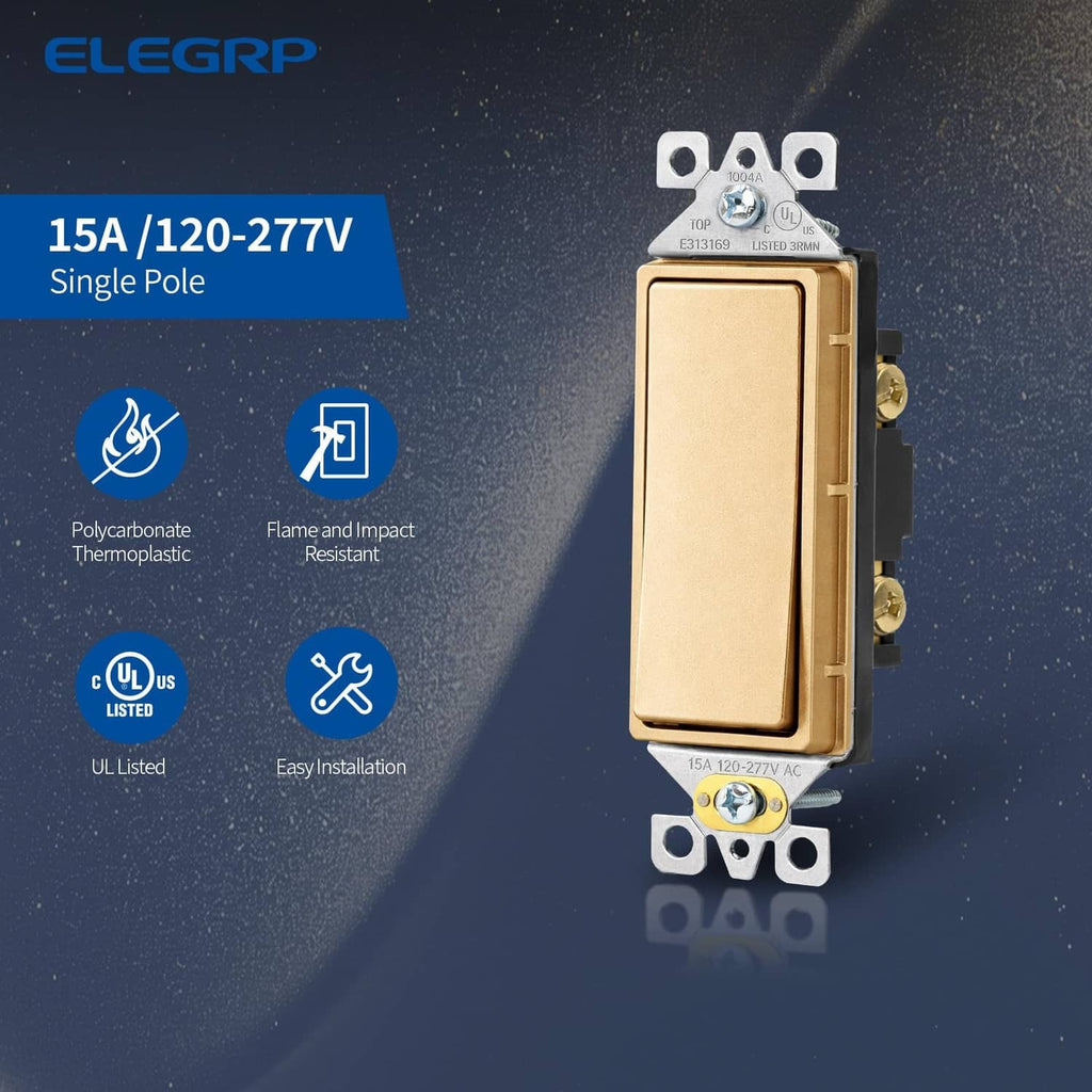 Matte champagne single pole light switch with gold-toned frame and screw terminals.