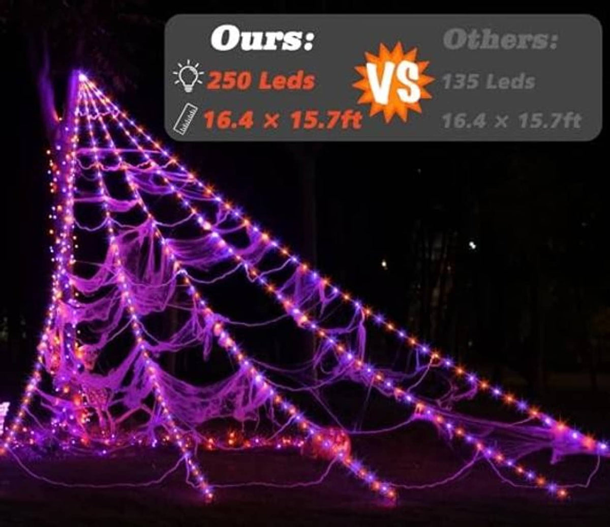 Spider web light decoration featuring 250 LED strands with bright purple-pink glow