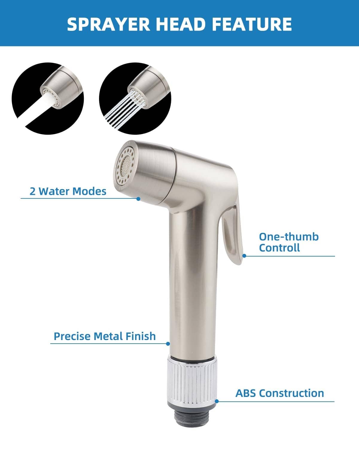 Brushed nickel two-mode sink side sprayer head with one-thumb control handle
